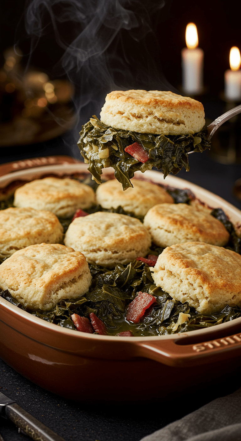 A beautiful, rustic oval baking dish of a homemade, golden-brown Savory Collard Green Cobbler, with a creamy, and hearty scoop being lifted out.