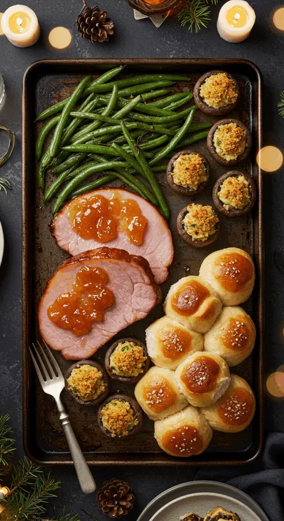 A beautiful, overhead shot of a homemade, festive, and complete Sheet Pan Holiday Ham Dinner, with a glazed ham steak, stuffed mushrooms, green beans, and dinner rolls.