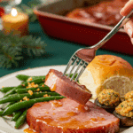 A festive plate of a homemade, glazed Sheet Pan Ham Steak, served with stuffed mushrooms and garlic green beans at a Christmas dinner.