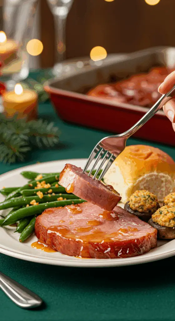 A festive plate of a homemade, glazed Sheet Pan Ham Steak, served with stuffed mushrooms and garlic green beans at a Christmas dinner.