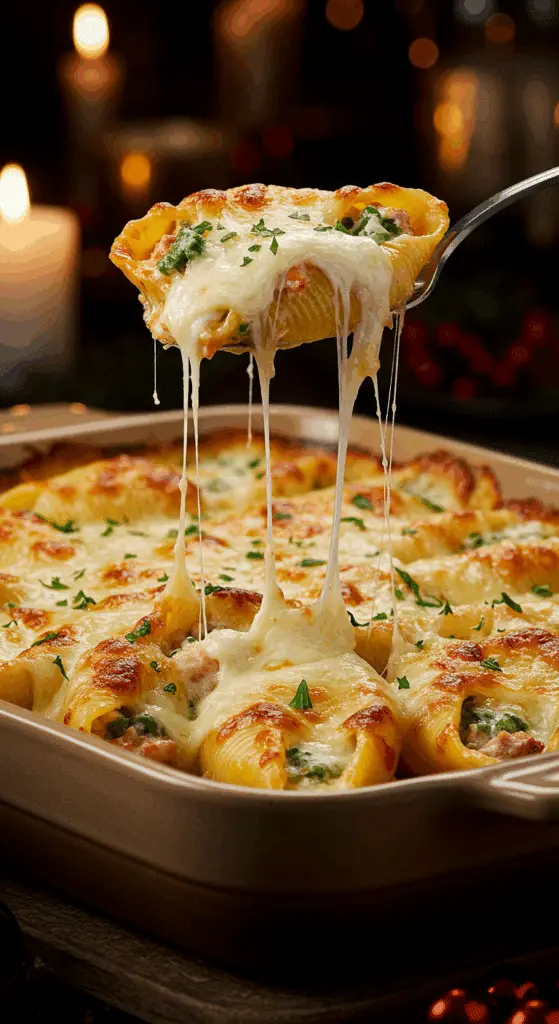 A beautiful, rustic baking dish of homemade, easy, and elegant Shrimp Scampi Stuffed Shells, with a golden-brown, bubbly crust and a creamy, cheesy scoop being lifted out with an epic cheese pull.