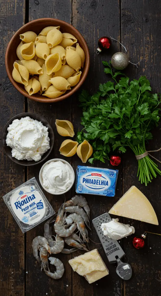 The simple, from-scratch ingredients for the classic and impressive Holiday Shrimp Scampi Stuffed Shells.