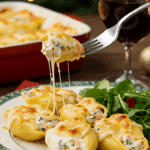 A beautiful plate of a homemade, elegant, and creamy Shrimp Scampi Stuffed Shells, being served with a simple green salad at a holiday dinner.