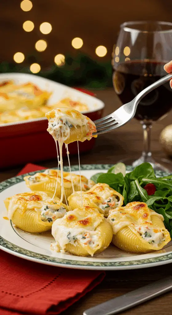 A beautiful plate of a homemade, elegant, and creamy Shrimp Scampi Stuffed Shells, being served with a simple green salad at a holiday dinner.
