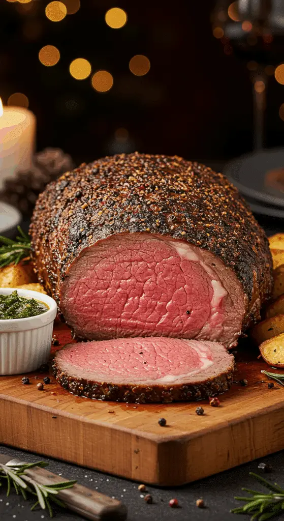 A beautiful, rustic cutting board with a homemade, juicy, and impressive Christmas Prime Rib, with a crispy, dark crust, a rosy-pink interior, and a side of roasted potatoes.
