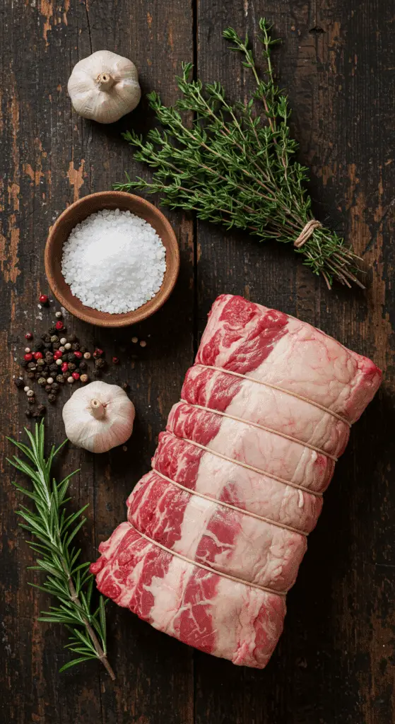 The simple, from-scratch ingredients for the classic and impressive Holiday Simple Standing Rib Roast.