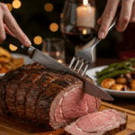 The whole, homemade, impressive, and crusted Prime Rib being carved as the centerpiece at a fun and sophisticated Christmas party.