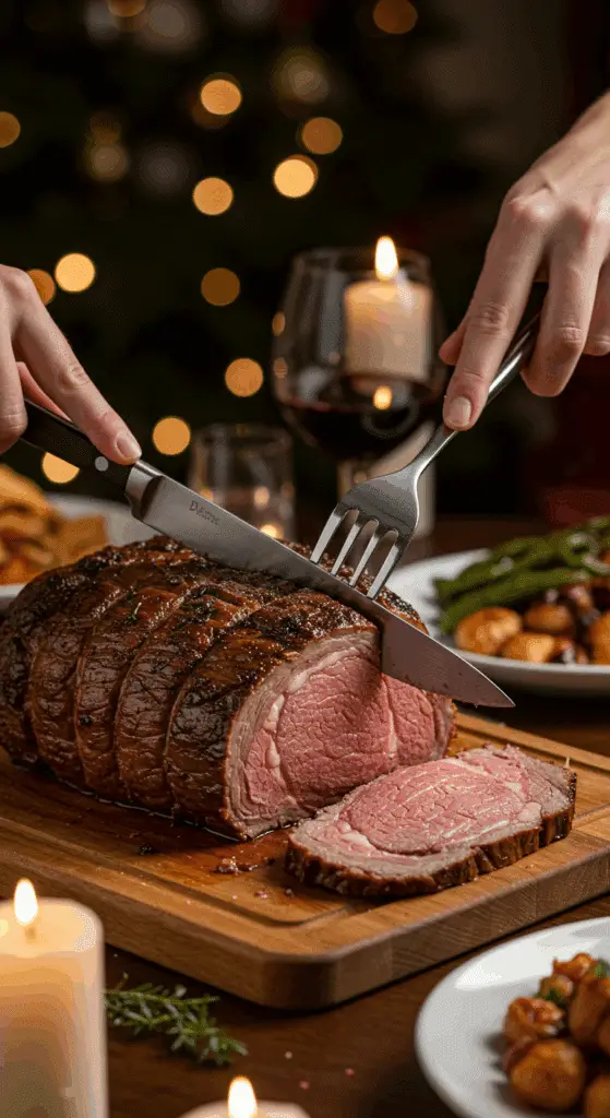 The whole, homemade, impressive, and crusted Prime Rib being carved as the centerpiece at a fun and sophisticated Christmas party.