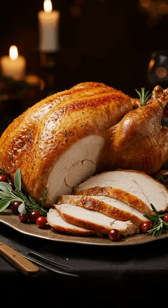 A beautiful, rustic platter with a homemade, juicy, and impressive Thanksgiving Turkey, with a crispy, golden-brown skin and a few thick, moist slices carved from the breast.