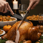 The whole, homemade, impressive, and golden-brown Roast Turkey being carved as the centerpiece at a fun and sophisticated Thanksgiving party.