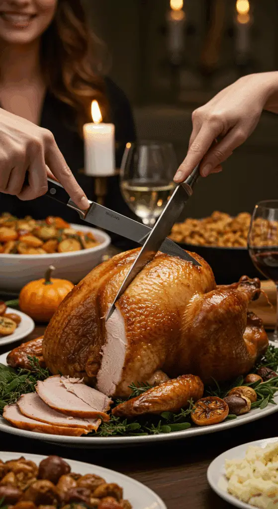 The whole, homemade, impressive, and golden-brown Roast Turkey being carved as the centerpiece at a fun and sophisticated Thanksgiving party.