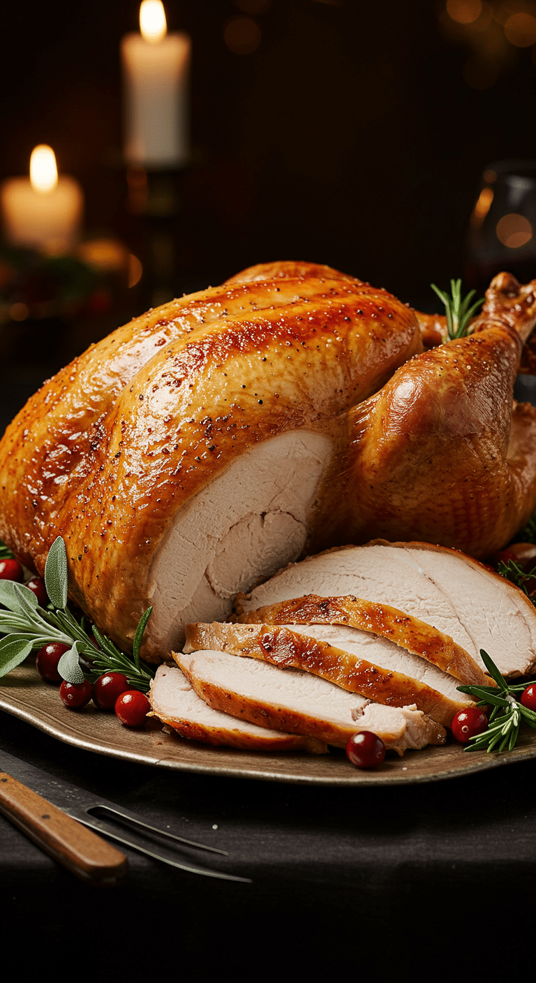 A beautiful, rustic platter with a homemade, juicy, and impressive Thanksgiving Turkey, with a crispy, golden-brown skin and a few thick, moist slices carved from the breast.