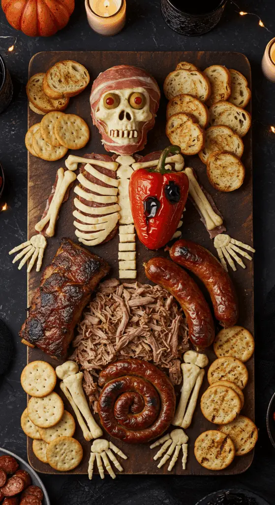 A beautiful, overhead shot of a homemade, spooky Halloween Skeleton Meat Platter, with a prosciutto-wrapped cheese ball skull, rib cage, and a sausage intestine.
