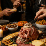 The large, homemade, spooky, and abundant Skeleton Meat Platter being served as the centerpiece at a fun and sophisticated Halloween party.