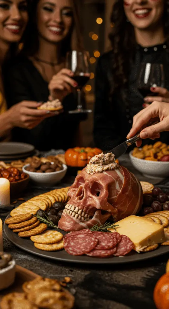 The large, homemade, spooky, and abundant Skeleton Meat Platter being served as the centerpiece at a fun and sophisticated Halloween party.