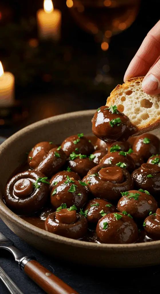 A beautiful, rustic serving bowl of homemade, easy, and elegant Slow-Simmered Burgundy Mushrooms, with a rich, dark sauce and a piece of crusty bread for dipping.
