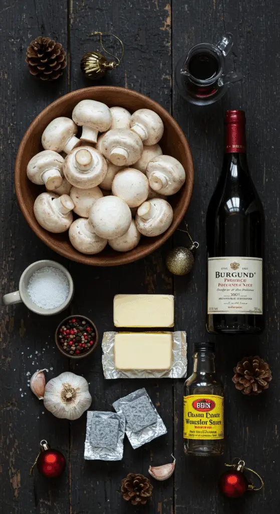 The simple, from-scratch ingredients for the classic and impressive Holiday Burgundy Mushrooms.