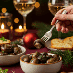 A beautiful bowl of a homemade, elegant, and savory Burgundy Mushrooms, being served as an appetizer at a Christmas party.