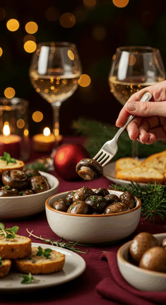 A beautiful bowl of a homemade, elegant, and savory Burgundy Mushrooms, being served as an appetizer at a Christmas party.