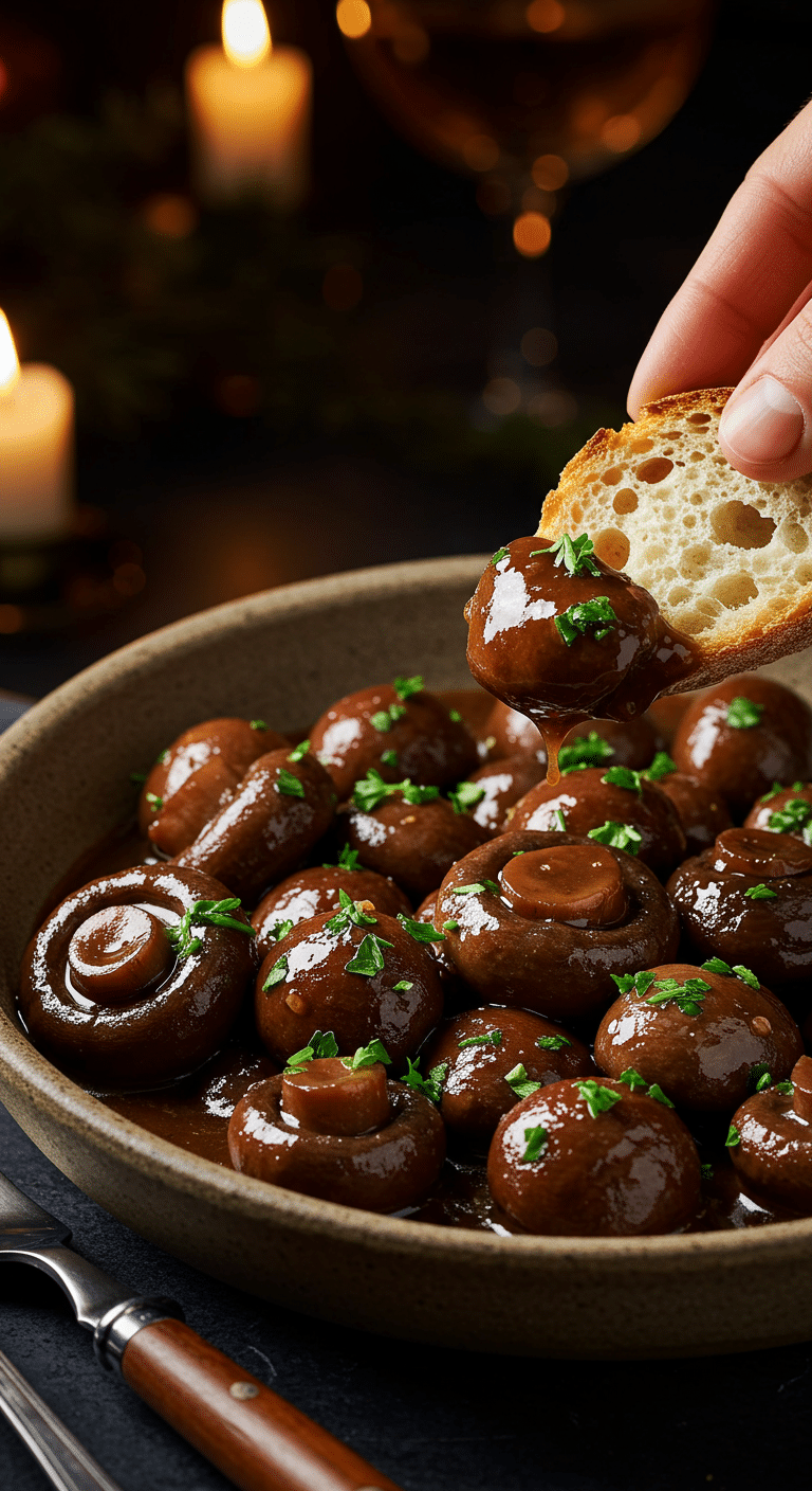 A beautiful, rustic serving bowl of homemade, easy, and elegant Slow-Simmered Burgundy Mushrooms, with a rich, dark sauce and a piece of crusty bread for dipping.