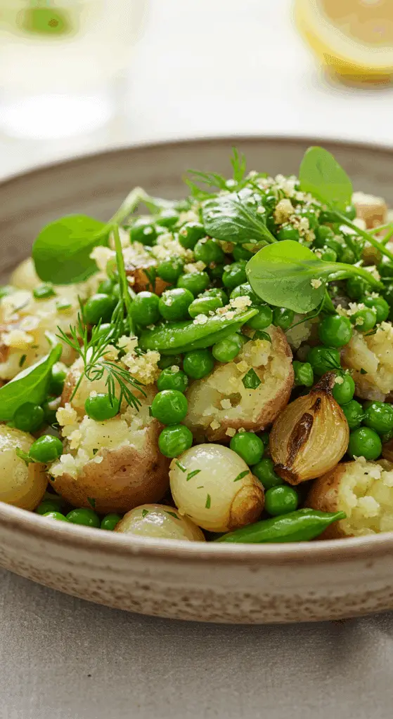 A beautiful, rustic serving bowl of homemade, easy, and elegant Smashed New Potatoes, with sweet peas, caramelized pearl onions, and fresh herbs.
