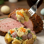 A beautiful plate of a homemade, elegant, and colorful Smashed Potato Salad, being served with a thick slice of a roasted leg of lamb at an Easter dinner.