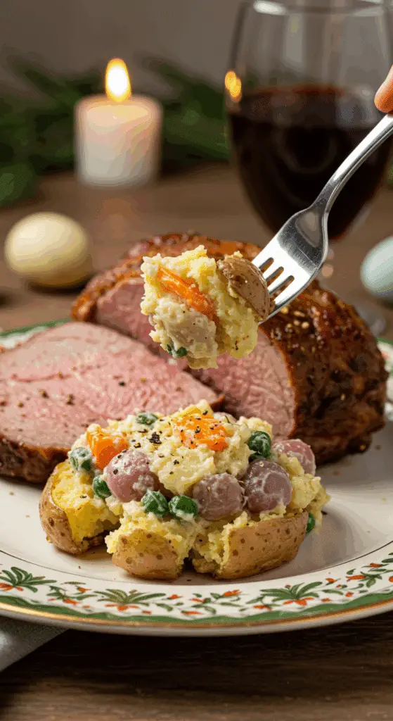 A beautiful plate of a homemade, elegant, and colorful Smashed Potato Salad, being served with a thick slice of a roasted leg of lamb at an Easter dinner.