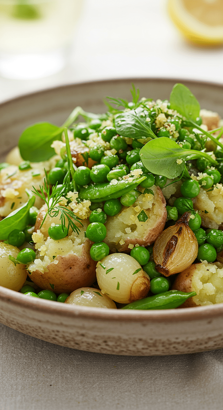 A beautiful, rustic serving bowl of homemade, easy, and elegant Smashed New Potatoes, with sweet peas, caramelized pearl onions, and fresh herbs.