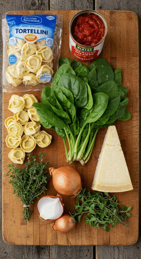 The simple, from-scratch ingredients for the classic and hearty vegetarian Spinach Tortellini Soup recipe.