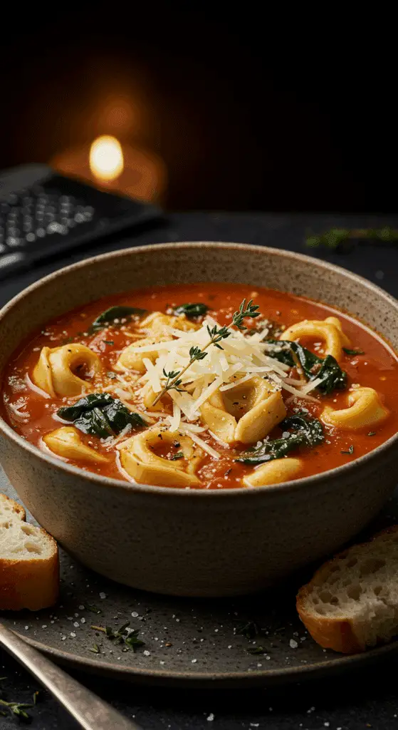 A beautiful, rustic bowl of homemade, hearty Spinach Tortellini Soup, with a rich tomato-herb broth, cheesy tortellini, and fresh spinach.