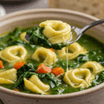 A cozy bowl of homemade, hearty Spinach Tortellini Soup being served for a casual family dinner.