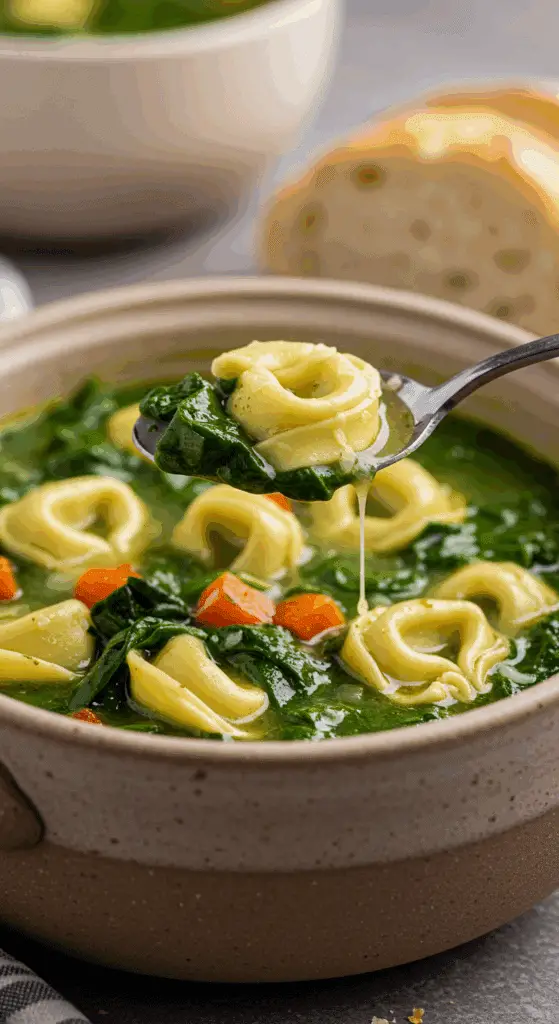 A cozy bowl of homemade, hearty Spinach Tortellini Soup being served for a casual family dinner.