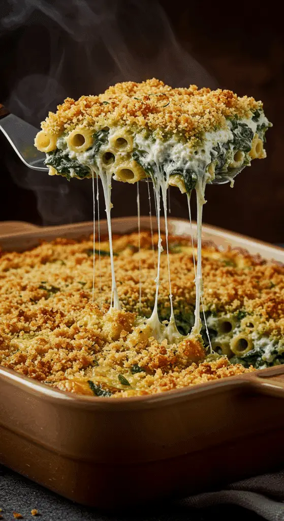 A beautiful, golden-brown homemade Spinach and Ricotta Pasta Bake in a baking dish with a crispy topping and a creamy, cheesy slice being lifted out to show an epic cheese pull.