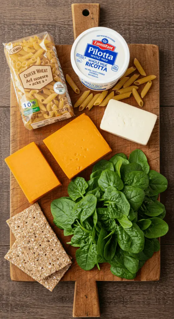 The simple, from-scratch ingredients for the classic and creamy Spinach and Ricotta Pasta Bake.