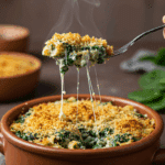 A cozy bowl of homemade, creamy, and crispy-topped Spinach and Ricotta Pasta Bake being served for a family dinner.