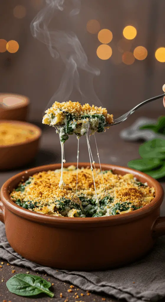 A cozy bowl of homemade, creamy, and crispy-topped Spinach and Ricotta Pasta Bake being served for a family dinner.
