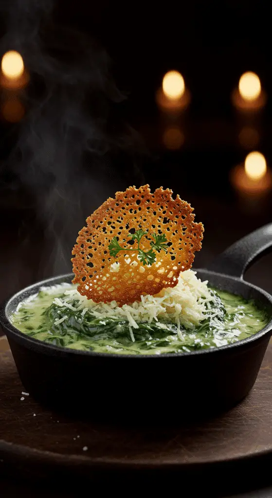 A beautiful, rustic cast-iron skillet of homemade, rich, and creamy Steakhouse Creamed Spinach, topped with a pile of a crispy, golden-brown Parmesan frico.