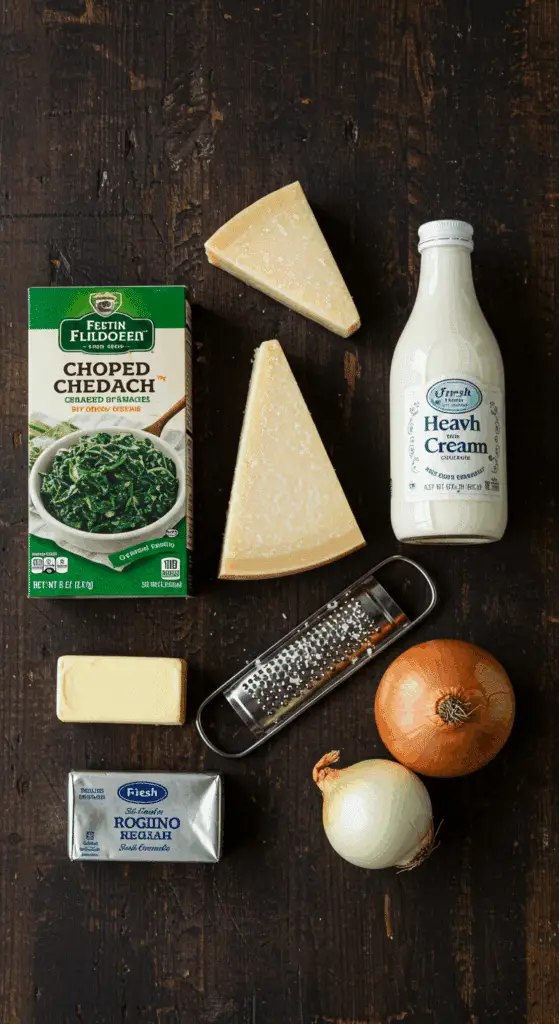 The simple, from-scratch ingredients for the classic and easy Creamed Spinach with Crispy Cheese.