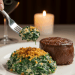 A beautiful plate of a homemade, rich and creamy Creamed Spinach with a crispy topping, being served with a thick-cut, medium-rare filet mignon steak at a sophisticated, candlelit dinner.