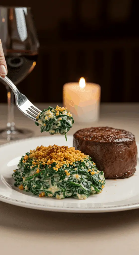 A beautiful plate of a homemade, rich and creamy Creamed Spinach with a crispy topping, being served with a thick-cut, medium-rare filet mignon steak at a sophisticated, candlelit dinner.