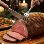 The whole, homemade, impressive, and crusted Prime Rib being carved as the centerpiece at a fun and sophisticated Christmas party.