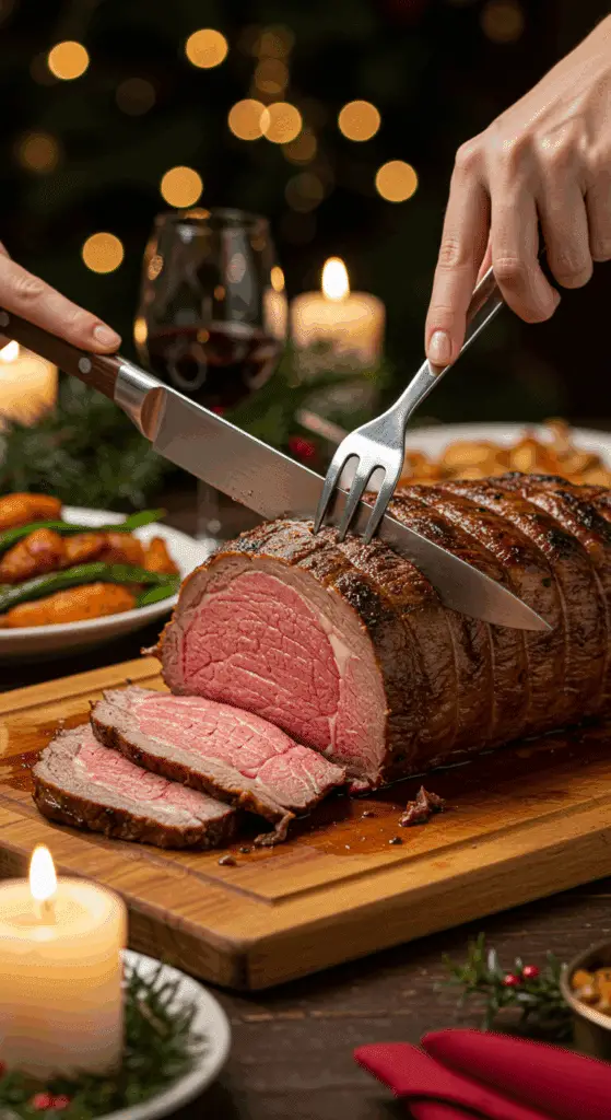 The whole, homemade, impressive, and crusted Prime Rib being carved as the centerpiece at a fun and sophisticated Christmas party.