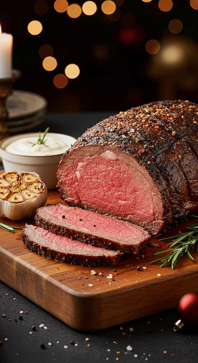 A beautiful, rustic cutting board with a homemade, juicy, and impressive Christmas Prime Rib, with a crispy, dark crust and a perfect, rosy-pink, medium-rare interior.
