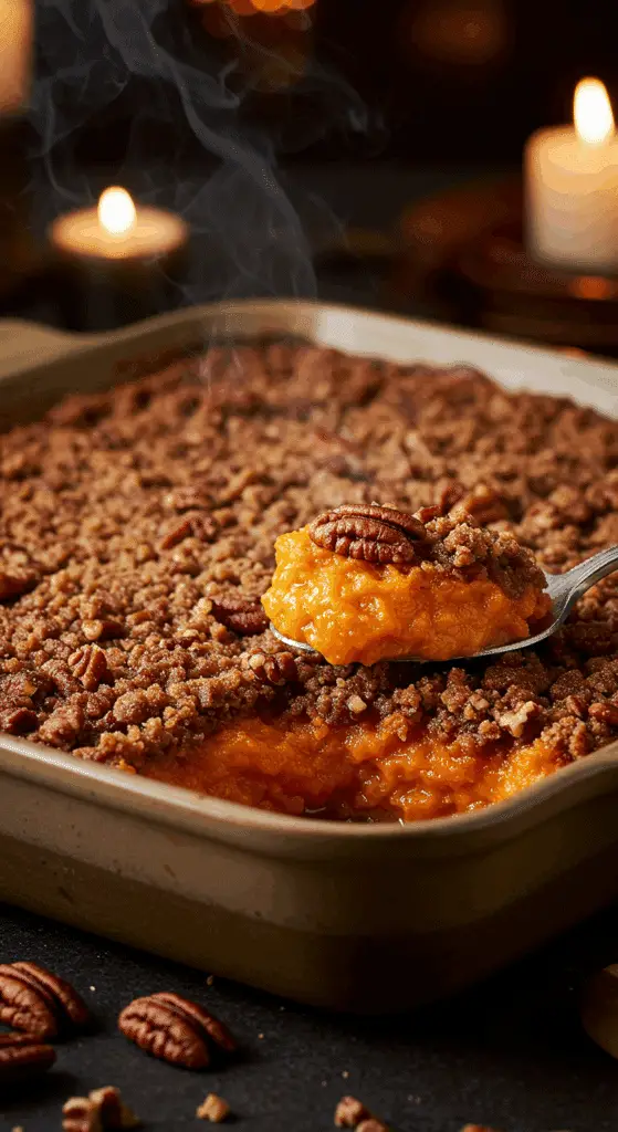 A beautiful, rustic baking dish of homemade, easy, and elegant Sweet Potato Casserole, with a golden-brown, crunchy pecan streusel crust and a creamy, orange interior.