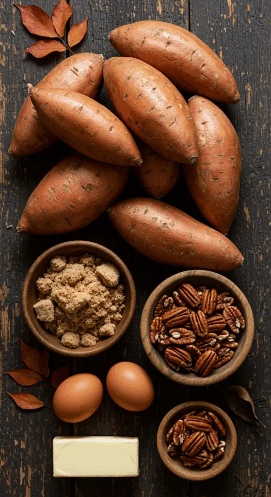The simple, from-scratch ingredients for the classic and impressive Holiday Sweet Potato Casserole with Pecan Streusel.