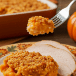 A beautiful plate of a homemade, elegant, and crispy-topped Sweet Potato Casserole, being served with a thick slice of a roasted turkey at a Thanksgiving dinner.
