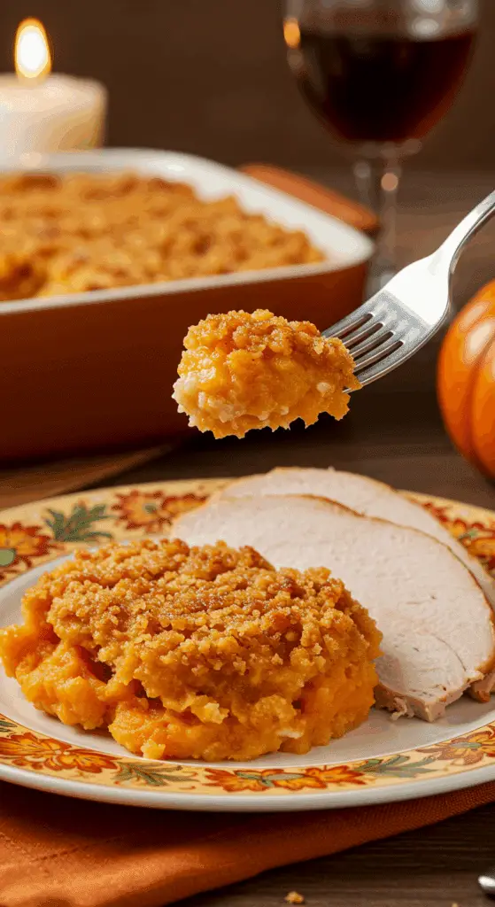 A beautiful plate of a homemade, elegant, and crispy-topped Sweet Potato Casserole, being served with a thick slice of a roasted turkey at a Thanksgiving dinner.
