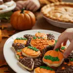 A large platter of homemade, cute, and festive Thanksgiving Cornucopia Cookies being served at a fun and casual Thanksgiving party.