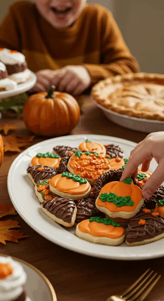 A large platter of homemade, cute, and festive Thanksgiving Cornucopia Cookies being served at a fun and casual Thanksgiving party.