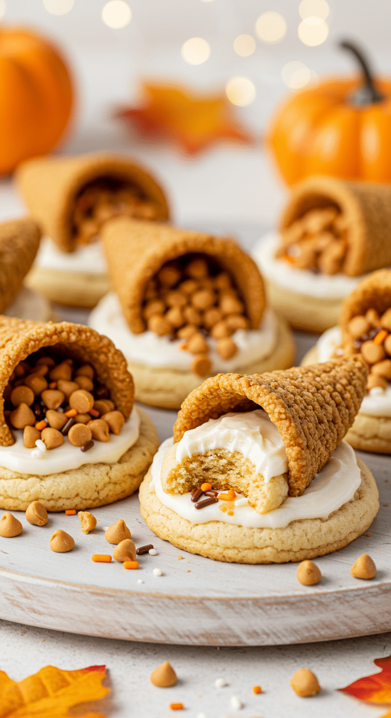 A beautiful, rustic platter of homemade, festive, and cute Thanksgiving Cornucopia Cookies, with a soft sugar cookie base and a Bugles® cornucopia decoration.